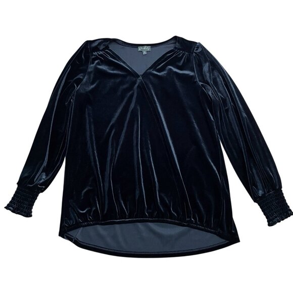 WONDERLY VELVET BLOUSE FAUX WRAP SIZE XS RELAXED FIT HOLIDAY CHIC BLACK CLASSIC - Picture 3 of 8